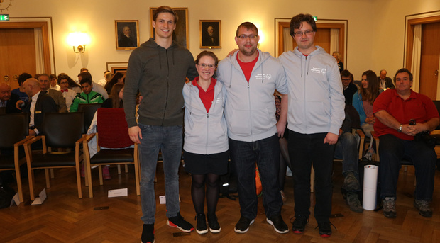 Mit Rune Dahmke, Michaela Harder, Pierre Petersen und Christoph Bertow waren vier der "Gesichter der Spiele" bei der Ehrung junger Sportlerinnen und Sportler im Rathaus Kiel.